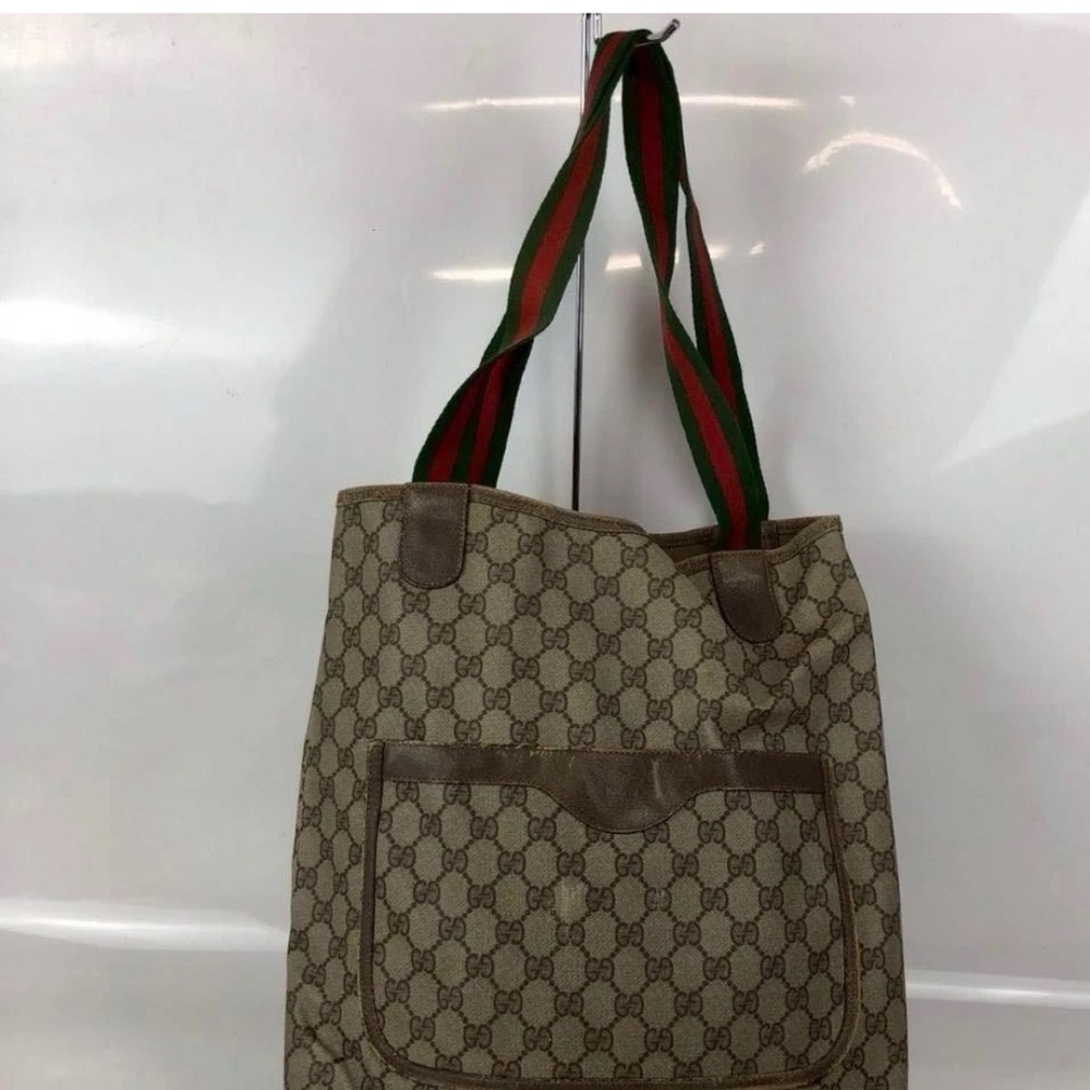 Gucci Beige Patterned Tote with Red and Green Straps
